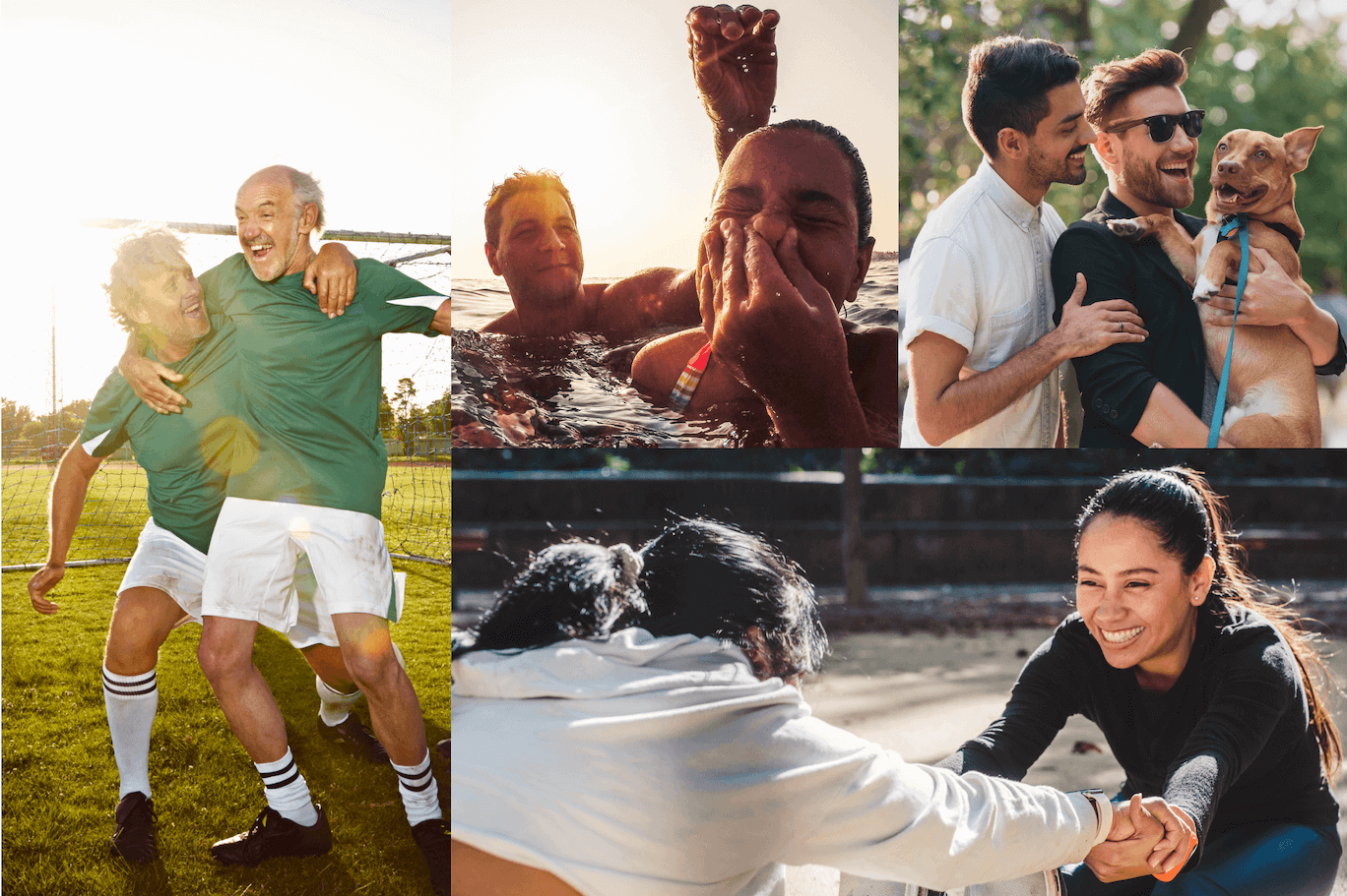 Collage of people smiling while being active; playing sport, swimming, stretching or walking the dog.